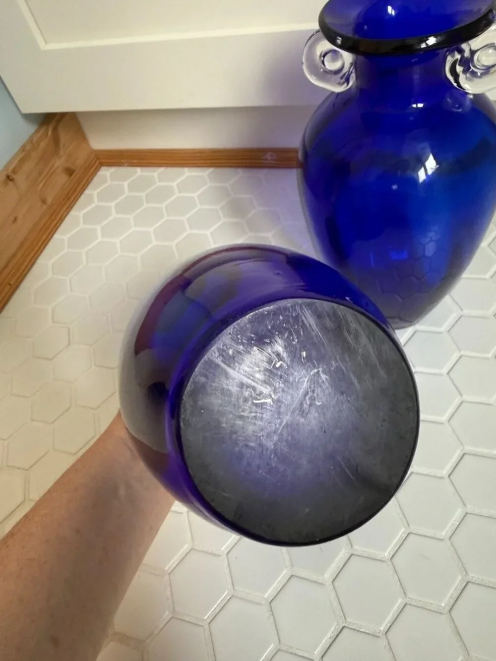 Vintage Pair Cobalt Blue Art Glass Vases 10